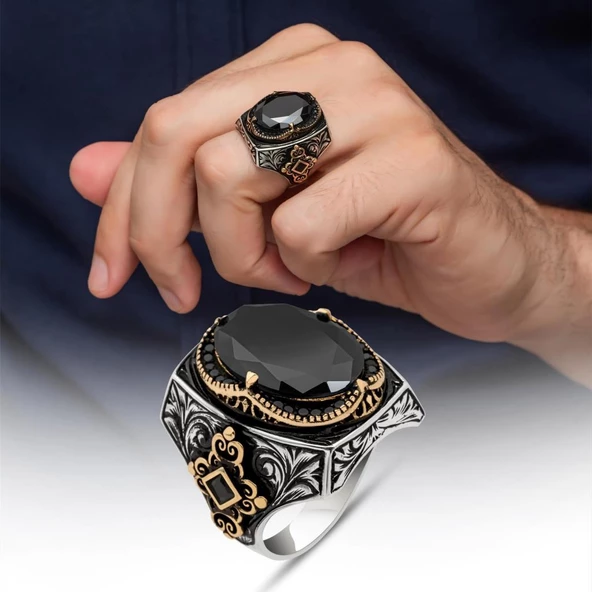 Siyah Taşlı 925 Gümüş Erkek Yüzük