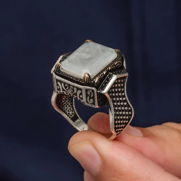 Beyaz Paraipa Taşlı 925 Gümüş Erkek Yüzük - 6