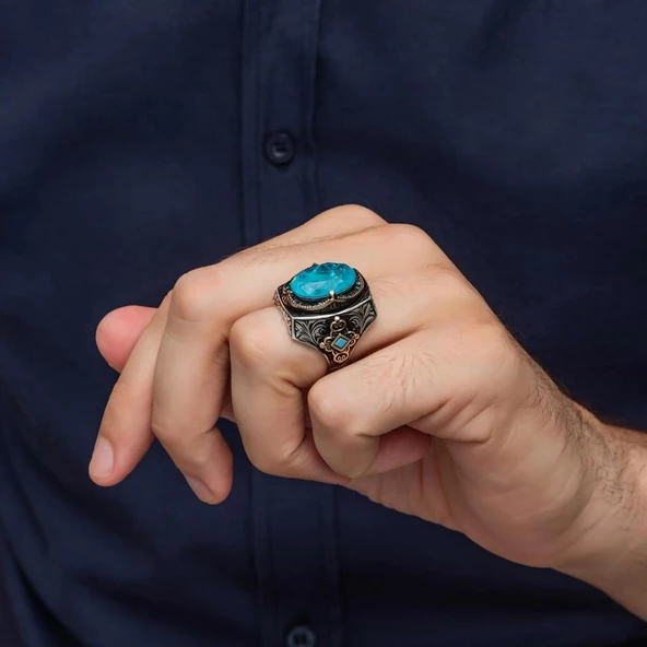 Mavi Paraipa Taşlı 925 Gümüş Erkek Yüzük - Resim 4