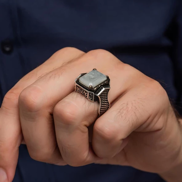 Beyaz Paraipa Taşlı 925 Gümüş Erkek Yüzük - 4