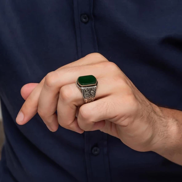 Yeşil Akik Taşlı Oyma Motif 925 Gümüş Erkek Yüzük - Resim 5