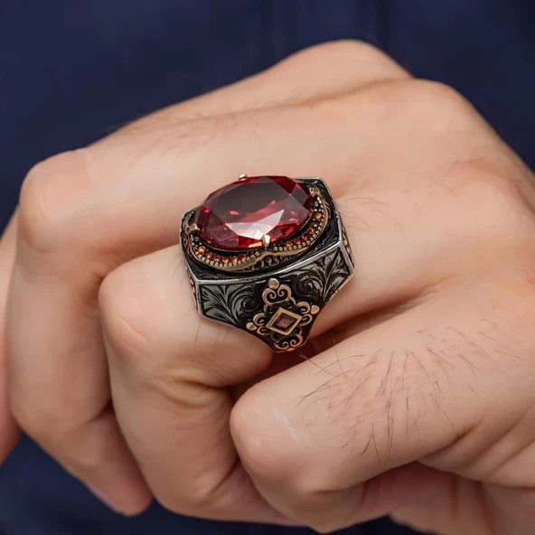 Kırmızı Taşlı 925 Gümüş Erkek Yüzük - Resim 7