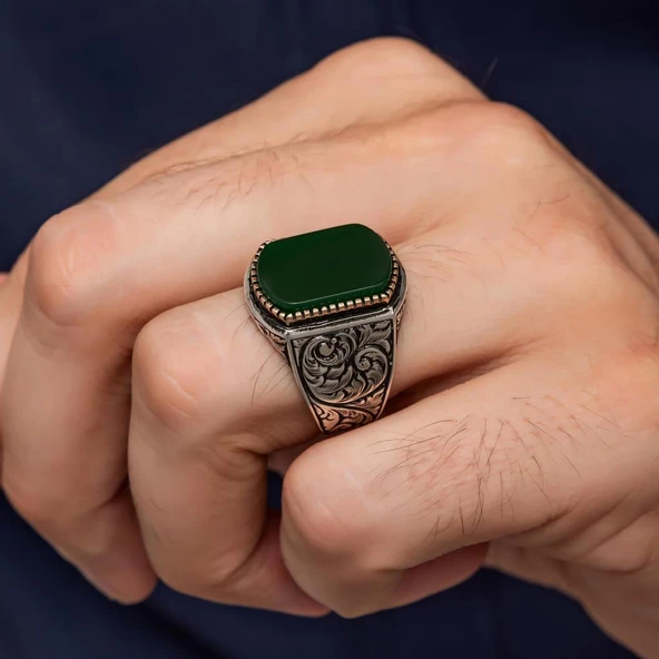 Yeşil Akik Taşlı Oyma Motif 925 Gümüş Erkek Yüzük - Resim 3
