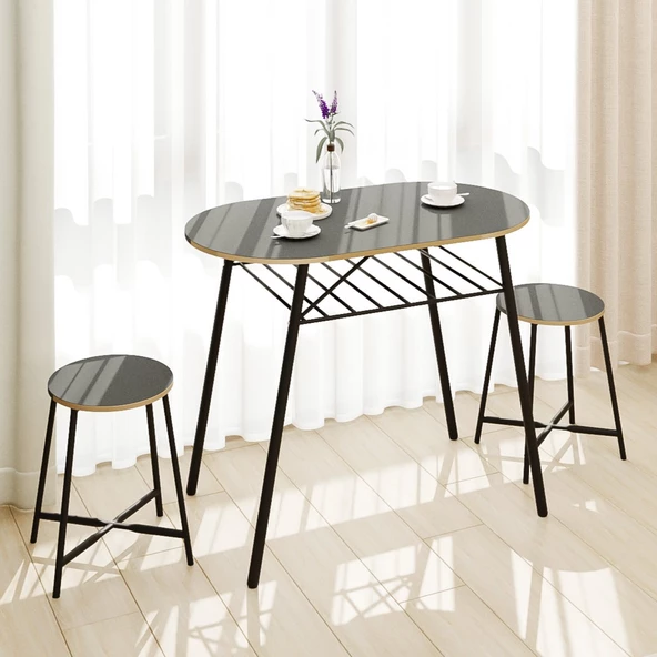 Eportatif Mutfak Masası Oval Tabure Takımı Masa Sandalye Takımı Füme 1475 - Resim 3