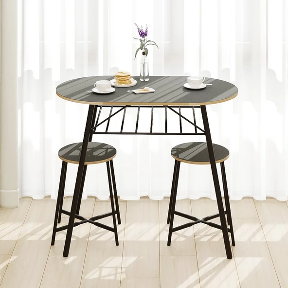 Eportatif Mutfak Masası Oval Tabure Takımı Masa Sandalye Takımı Füme 1475 - Resim 2