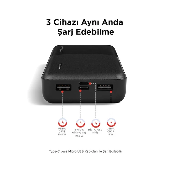 Mojue by ttec PB09 20.000mAh USB-C Akım Korumalı Üç Şarj Çıkışlı LED Pil Göstergeli Powerbank - 8