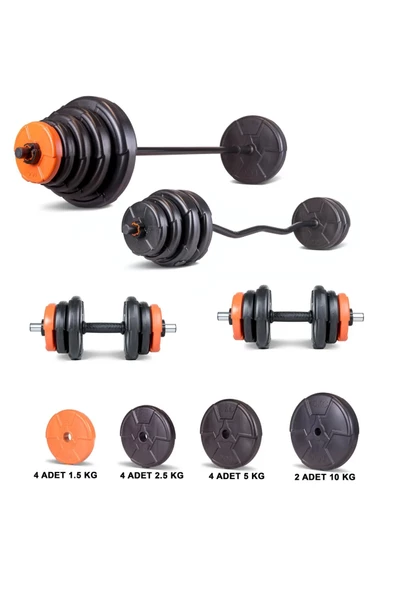 Ecgspor 59 Kg Z bar Halter ve Dambıl Seti Turuncu Siyah (56 kg Ağırlık Plakası +Barlar)