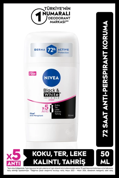 NIVEA Kadın Stick Deodorant Black&White Clear 50ml, 72 Saat Anti-perspirant Koruma