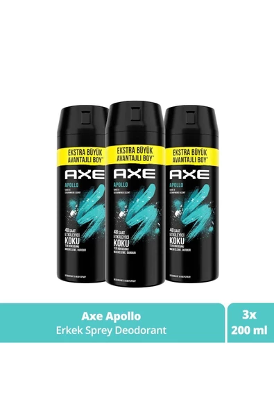 Axe Erkek Sprey Deodorant Apollo 48 Saat Etkileyici Koku 200 ml x3