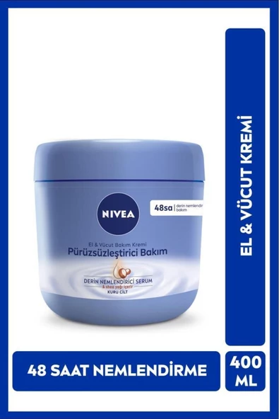 NIVEA El Ve Vücut Bakım Kremi Pürüzsüzleştirici 400ml, 48 Saat Nemlendirici Serum, Shea Yağı, Kuru Ciltler