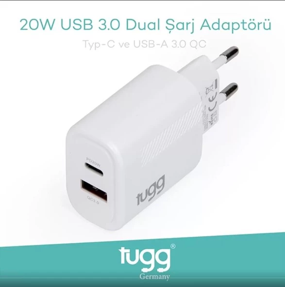 TUGG GERMANY 104403 ŞARJ BAŞLIK USB+TYPE-C GİRİŞLİ 20W