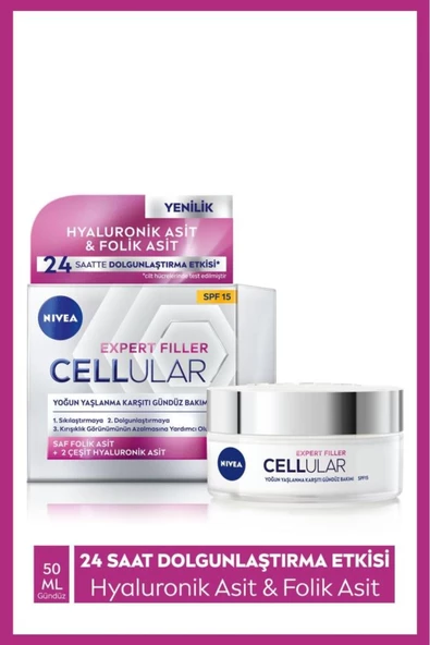 NIVEA Cellular Expert Filler Yoğun Yaşlanma Karşıtı Gündüz Bakım Yüz Kremi 50ml, Spf15, Hyaluronik Asit