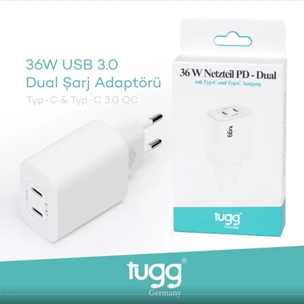 TUGG GERMANY 104407 ŞARJ BAŞLIK USB+ TYPE-C GİRİŞLİ 36W