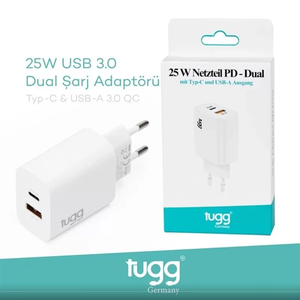 TUGG GERMANY 104406 ŞARJ BAŞLIK USB+TYPE-C GİRİŞLİ 25W