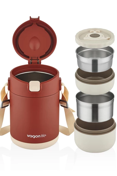 Vagonlife Çelik Yemek Termosu Isı Yalıtımlı 2 Kaseli 1.8LT Sızdırmaz Vakumlu Kap Taşıma Askılı -FF10081 - 8