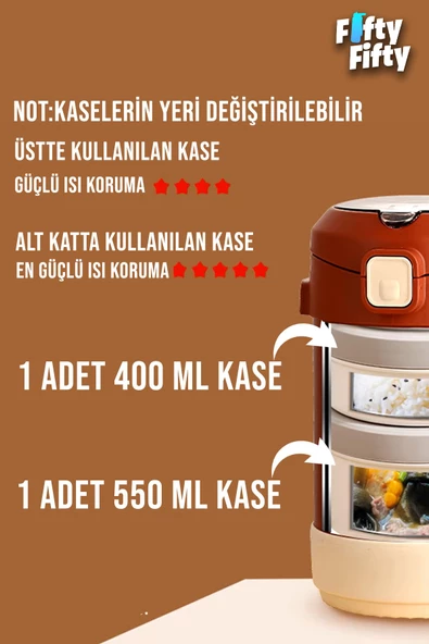 Vagonlife Çelik Yemek Termosu Isı Yalıtımlı 2 Kaseli 1.8LT Sızdırmaz Vakumlu Kap Taşıma Askılı -FF10081 - 11