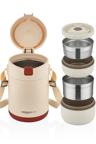 Vagonlife Çelik Yemek Termosu Isı Yalıtımlı 2 Kaseli 1.8LT Sızdırmaz Vakumlu Kap Taşıma Askılı -FF10081 - 2
