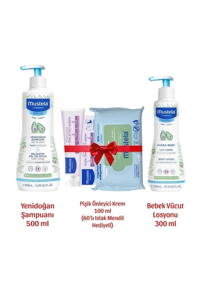 Mustela Yenidoğan Şampuan 500 ml + Pişik kremi + Islak Mendil 60 Yaprak + Bebe Body Lotion 300 ml