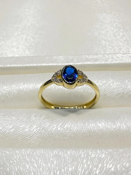 Oval Safir Taş Üst Kalite Özel Tasarım Altın Yüzük - Resim 3