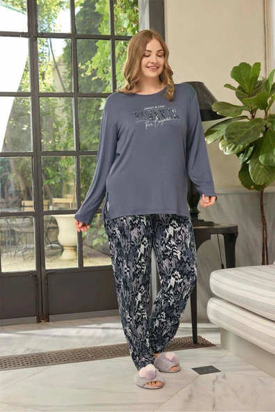 Aydoğan Kadın inci Büyük Beden FOREVER Mavimsi Gri Pijama Takım 0658 - 2
