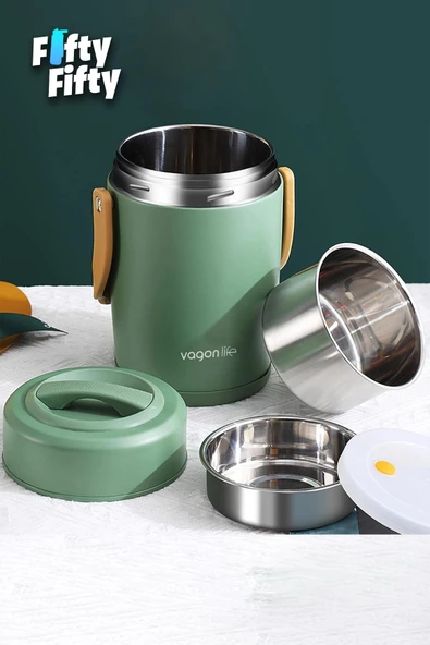 Vagonlife Çelik Yemek Termosu Isı Yalıtımlı 2 Kaseli 1.6LT Sızdırmaz Vakumlu Kap Taşıma Kulplu -FF10082 - 5