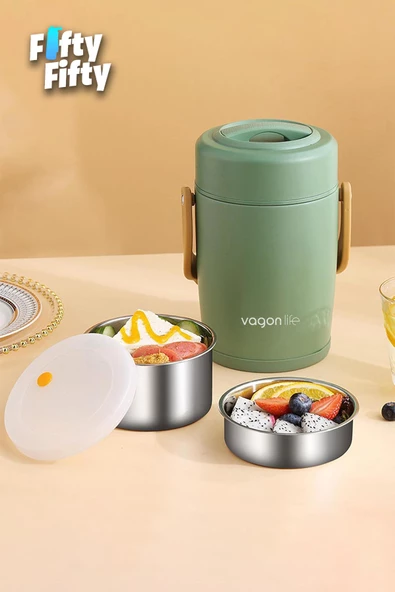 Vagonlife Çelik Yemek Termosu Isı Yalıtımlı 2 Kaseli 1.6LT Sızdırmaz Vakumlu Kap Taşıma Kulplu -FF10082 - 9