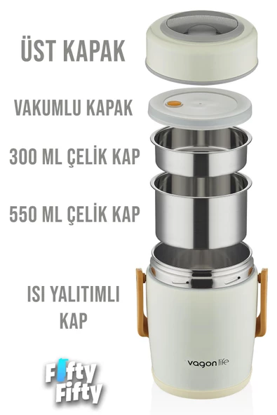 Vagonlife Çelik Yemek Termosu Isı Yalıtımlı 2 Kaseli 1.6LT Sızdırmaz Vakumlu Kap Taşıma Kulplu -FF10082 - 8