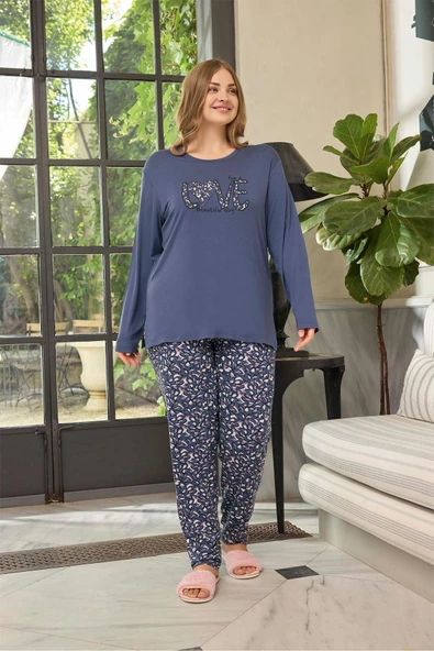Aydoğan Kadın inci Büyük Beden LOVE Ortanca Mor Pijama Takım 0656 - 2