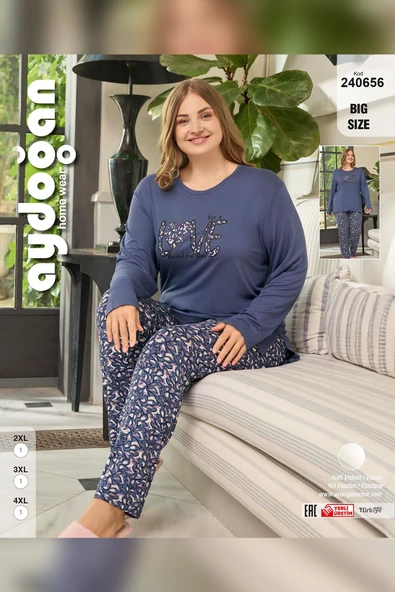 Aydoğan Kadın inci Büyük Beden LOVE Ortanca Mor Pijama Takım 0656 - 3
