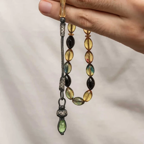 Gümüş 1000 Ayar Kazaz Püsküllü Sıkma Kehribar Tesbih - 2