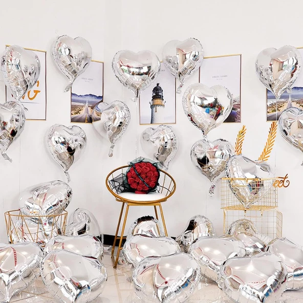 Metalize Parlak Gümüş Kalp Şekilli Uçan Balon Folyo 18 inç 45 cm 10 Adet - 2