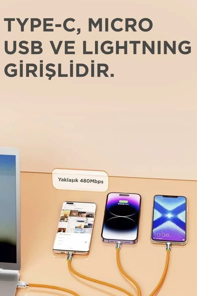 Torima 3in1 Type C- Lightning- Micro Usb Silikon 3.0A 1.5M Şarj ve Data Kablosu - 2