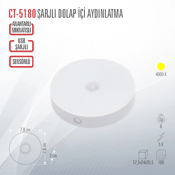 CATA CT-5180 ŞARJLI DOLAP İÇİ AYDINLATMA LED APLİK (5 ADET)