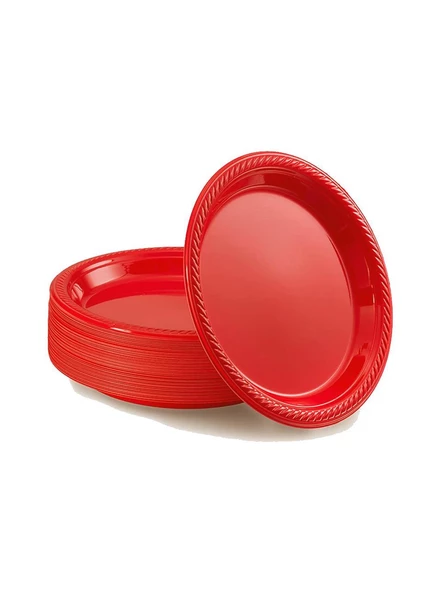 Roll-Up Kullan At Renkli Kırmızı Parti Davet Plastik Tabak - 22 Cm. - 25 Adetlik 5 Paket - 3