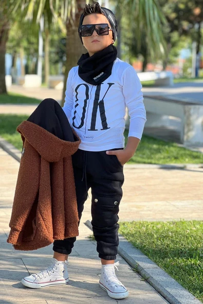 Erkek Çocuk OK Yazı Baskılı Kazak Kahverengi Peluş Yünlü Ceket Penye Alt Eşofman Takım - 3