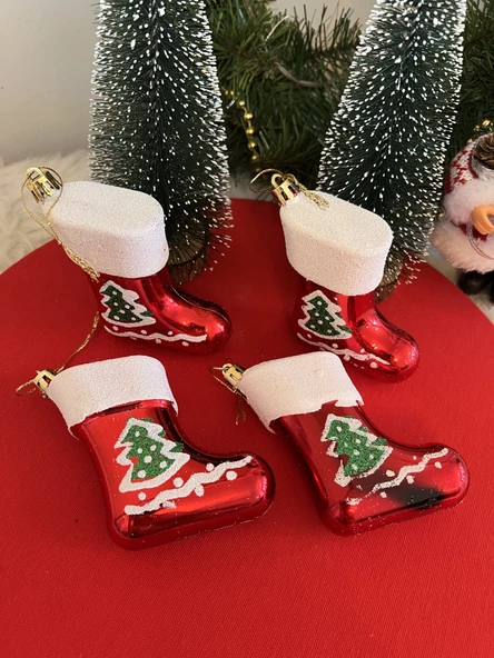 4 lü kırmızı yılbaşı çizme süsü plastık noel 8x6 cm christmas yeniyıl ağaç süsü