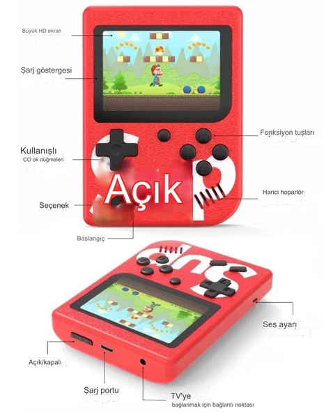 QASUL Oyun Makinesi  Nostaljik Retro Klasik  400 Mini Atari Çocuklar İçin Oyun Konsolu KIRMIZI - 5