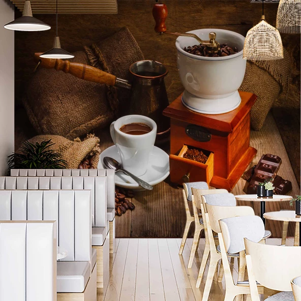 Kahve Öğütme ve Cezve Temalı Cafe Duvar Kağıdı Baskı - Resim 2