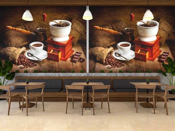 Kahve Öğütme ve Cezve Temalı Cafe Duvar Kağıdı Baskı - Resim 3