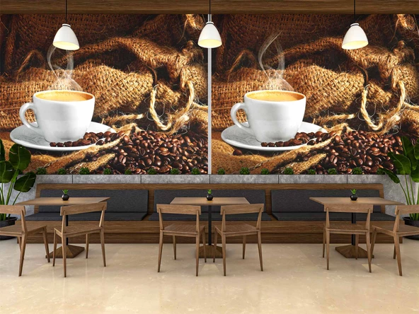 Fincan ve Kahve Çekirdeği Temalı Cafe Duvar Kağıdı Baskı - 3