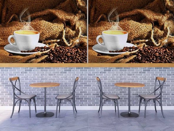 Fincan ve Kahve Çekirdeği Temalı Cafe Duvar Kağıdı Baskı - 4
