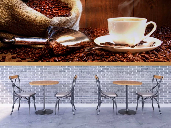 Fincan ve Kahve Çekirdeği Temalı Cafe Duvar Kağıdı Baskı - 4
