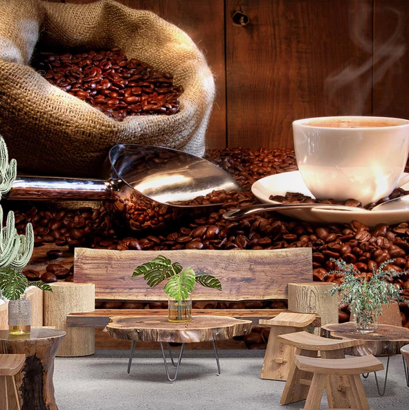 Fincan ve Kahve Çekirdeği Temalı Cafe Duvar Kağıdı Baskı