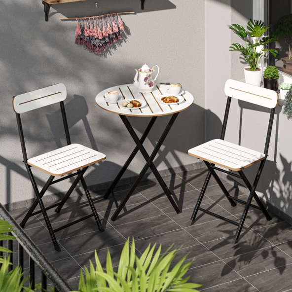 Eportatif Masa Sandalye Bahçe Bistro Takım Yuvarlak Beyaz 1482