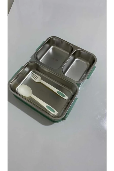 FOOD 2 KATLI 3 BÖLMELİ ÇATAL KAŞIKLI PASLANMAZ ÇELİK YEMEK TŞIMA KABI 1.65L - 2