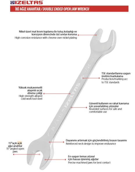 İzeltaş Açık Anahtar Uzun 41x46 İki Ağız Açık Anahtar Uzun Boy 0130014146 - Resim 3
