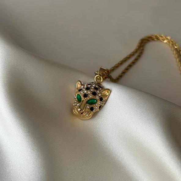 Yeşil Gözlü Taşlı Kaplan Kolye - Resim 3