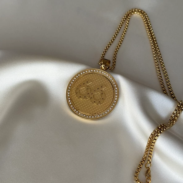 Yazılı Taşlı Madalyon Kolye - Resim 2