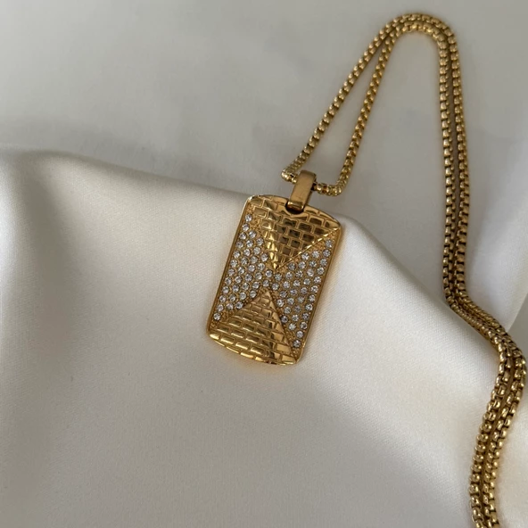 Taşlı Gold Künye Kolye