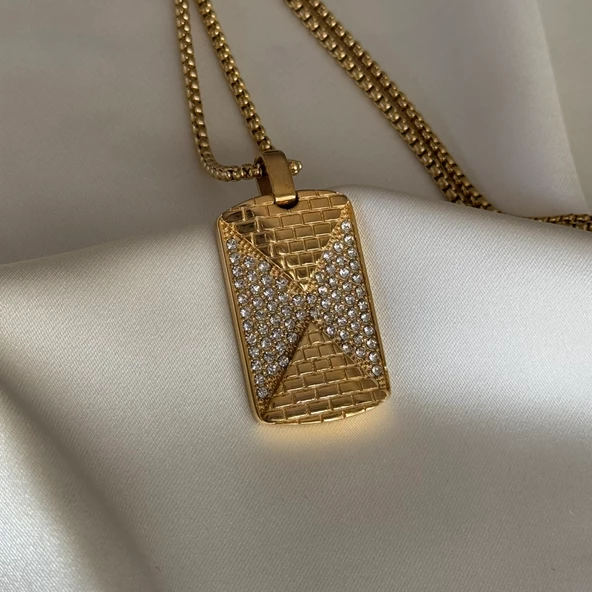Taşlı Gold Künye Kolye - 4